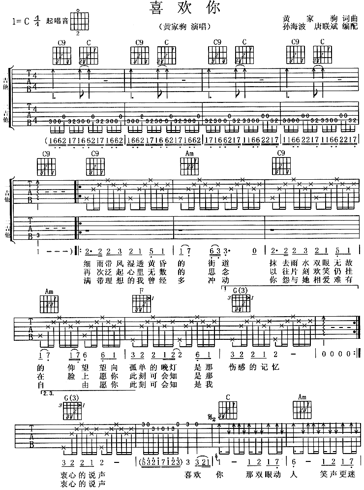 喜欢你吉他谱子-1