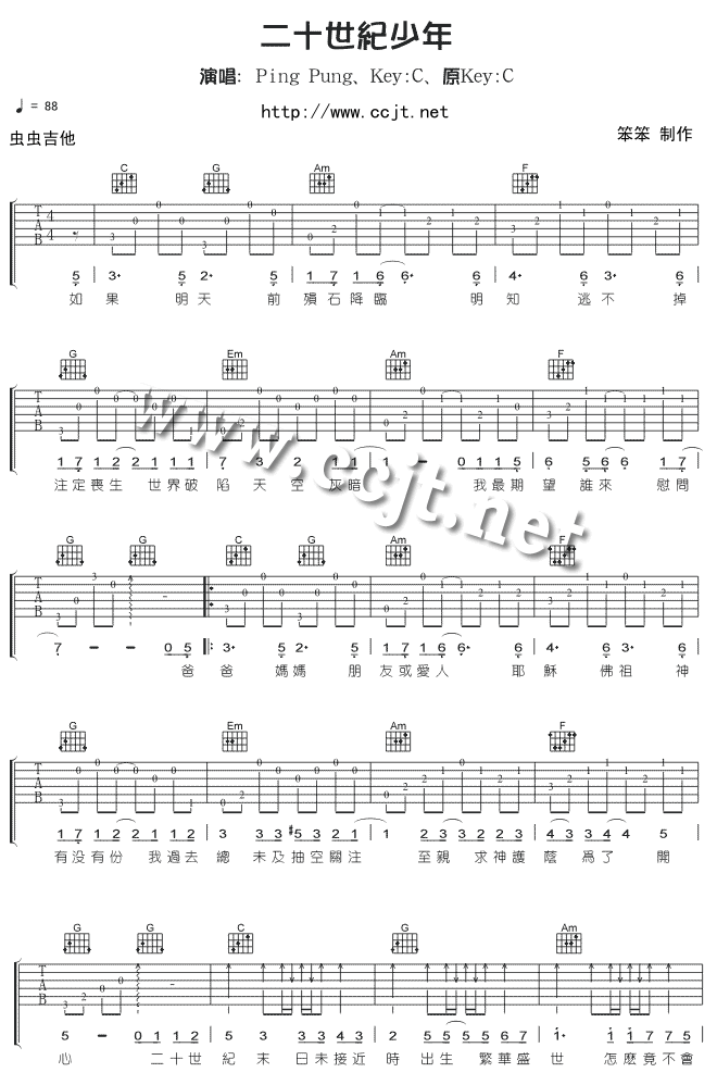 二十世纪少年-Ping Pung吉他谱子-1