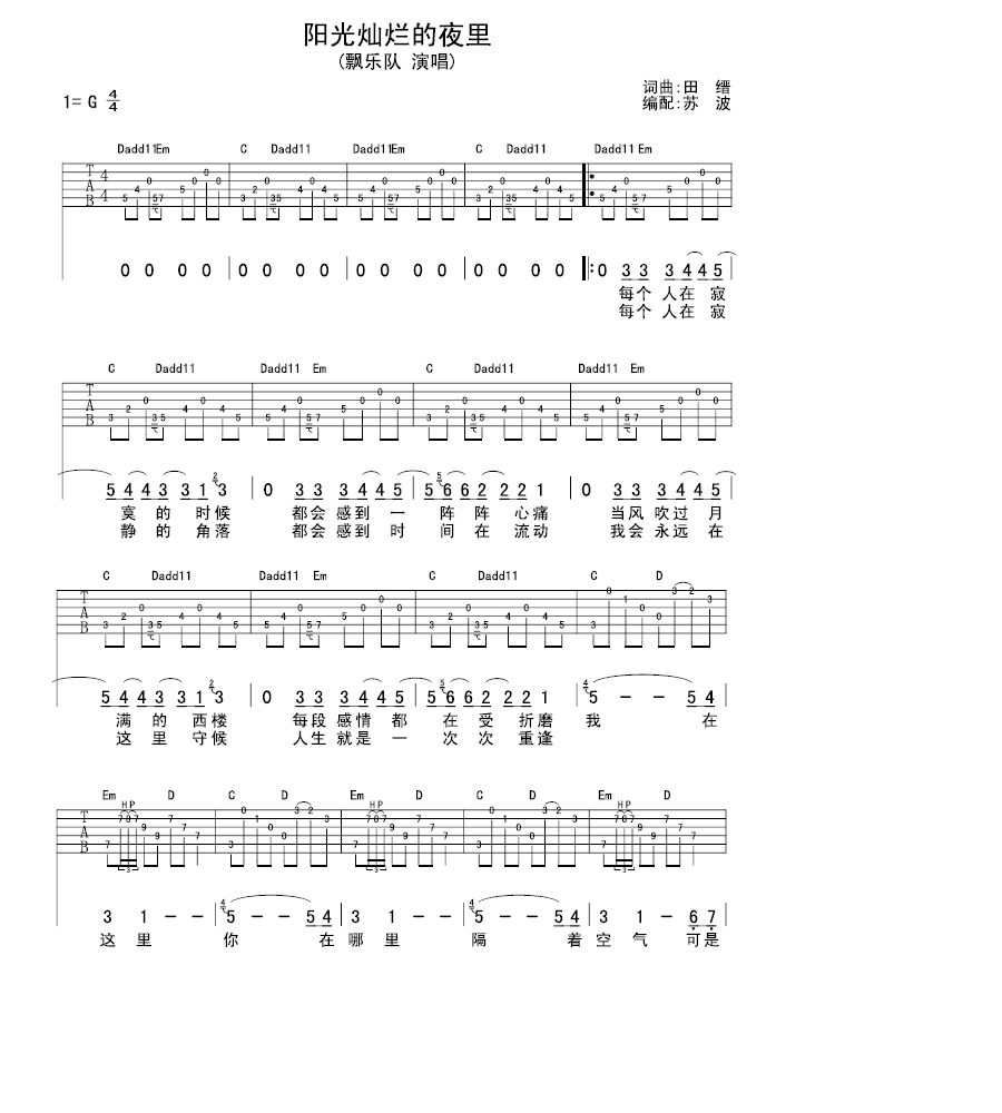 阳光灿烂的夜里吉他谱子-1